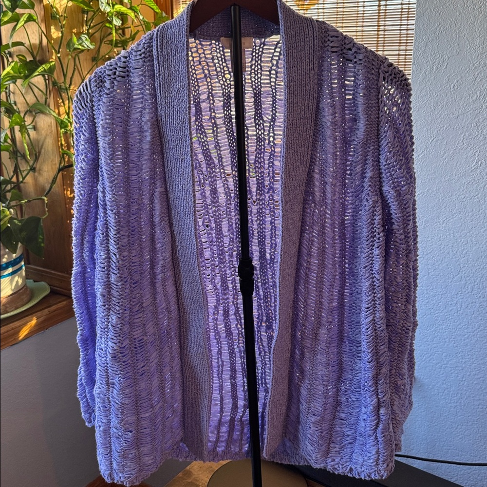 Chico's SZ 1 Crochet Cardigan periwinkle blue Open Front career wear layering